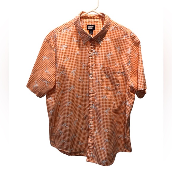 Lands' End Mens XL Orange White Checkered Men's Shirt Seagull Printed S/S Cotton - Picture 1 of 5